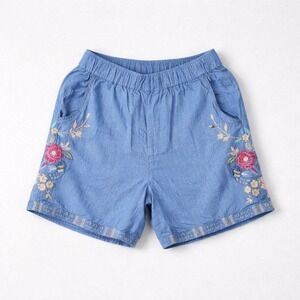 JW Los Angeles Blue Linen Floral Embroidered Shorts Elastic Waist Small Boho